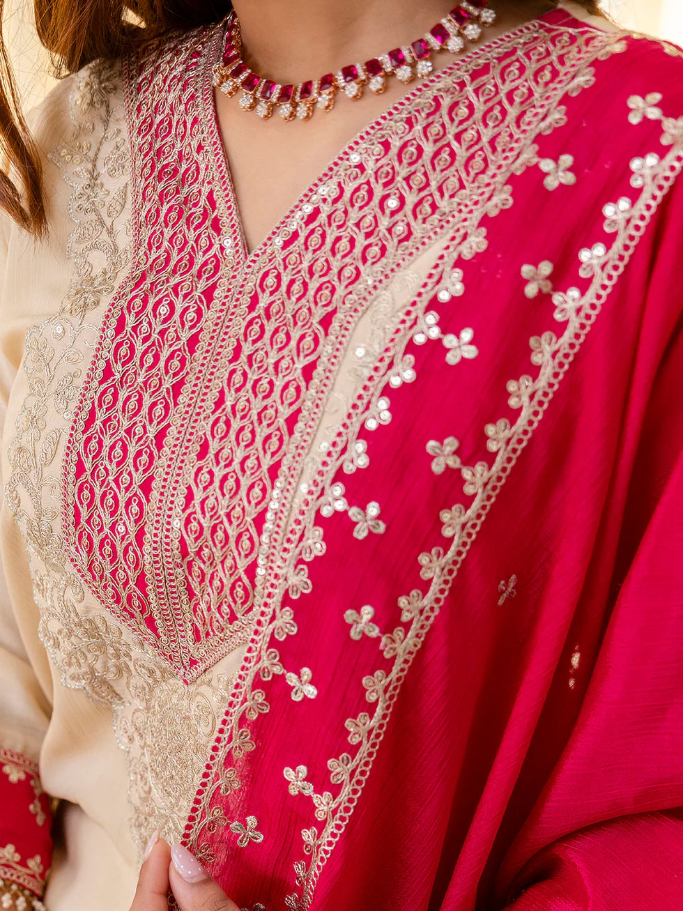 Floral Embroidered Chinon V_Neck Kurta Trouser & Dupatta Set