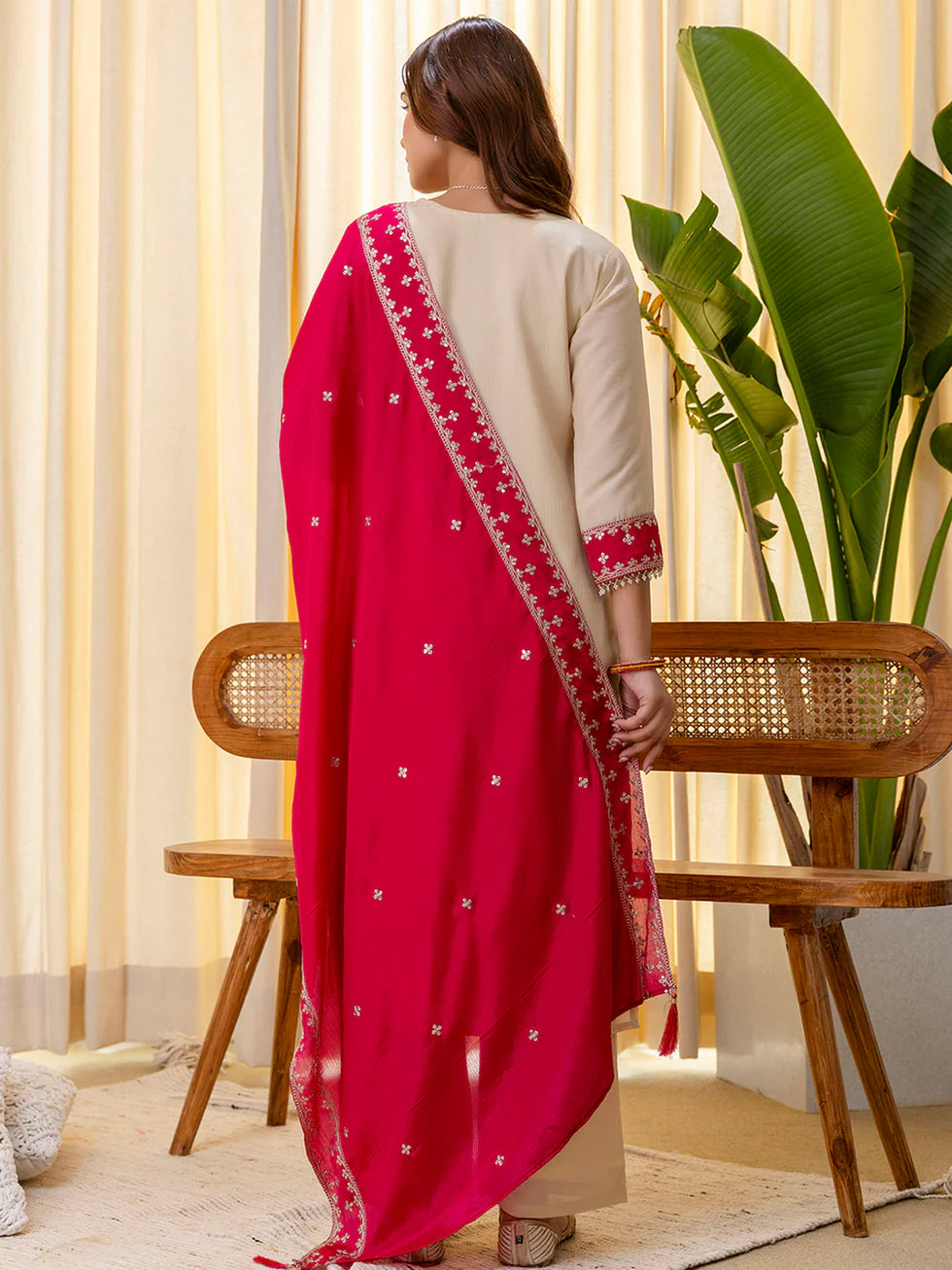 Floral Embroidered Chinon V_Neck Kurta Trouser & Dupatta Set