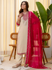 Ivory Grace Embroidered Kurta Set with Fuchsia Organza Dupatta