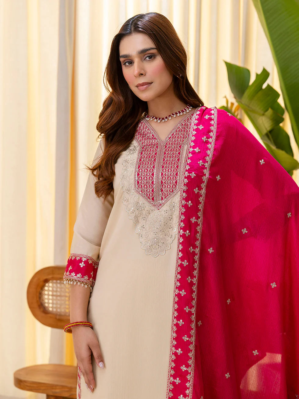 Floral Embroidered Chinon V_Neck Kurta Trouser & Dupatta Set