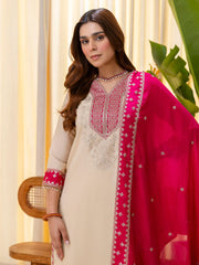 Ivory Grace Embroidered Kurta Set with Fuchsia Organza Dupatta