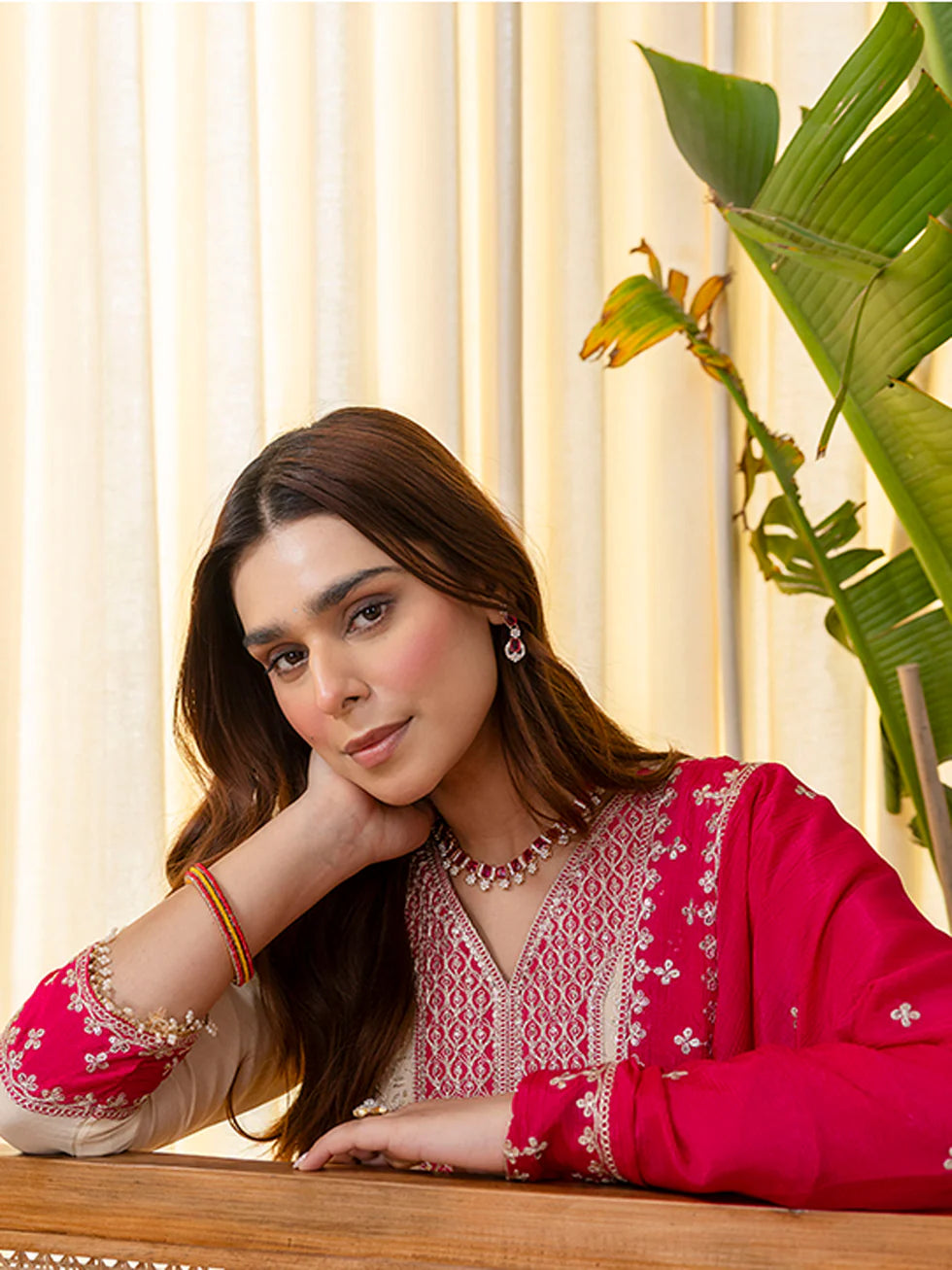 Floral Embroidered Chinon V_Neck Kurta Trouser & Dupatta Set