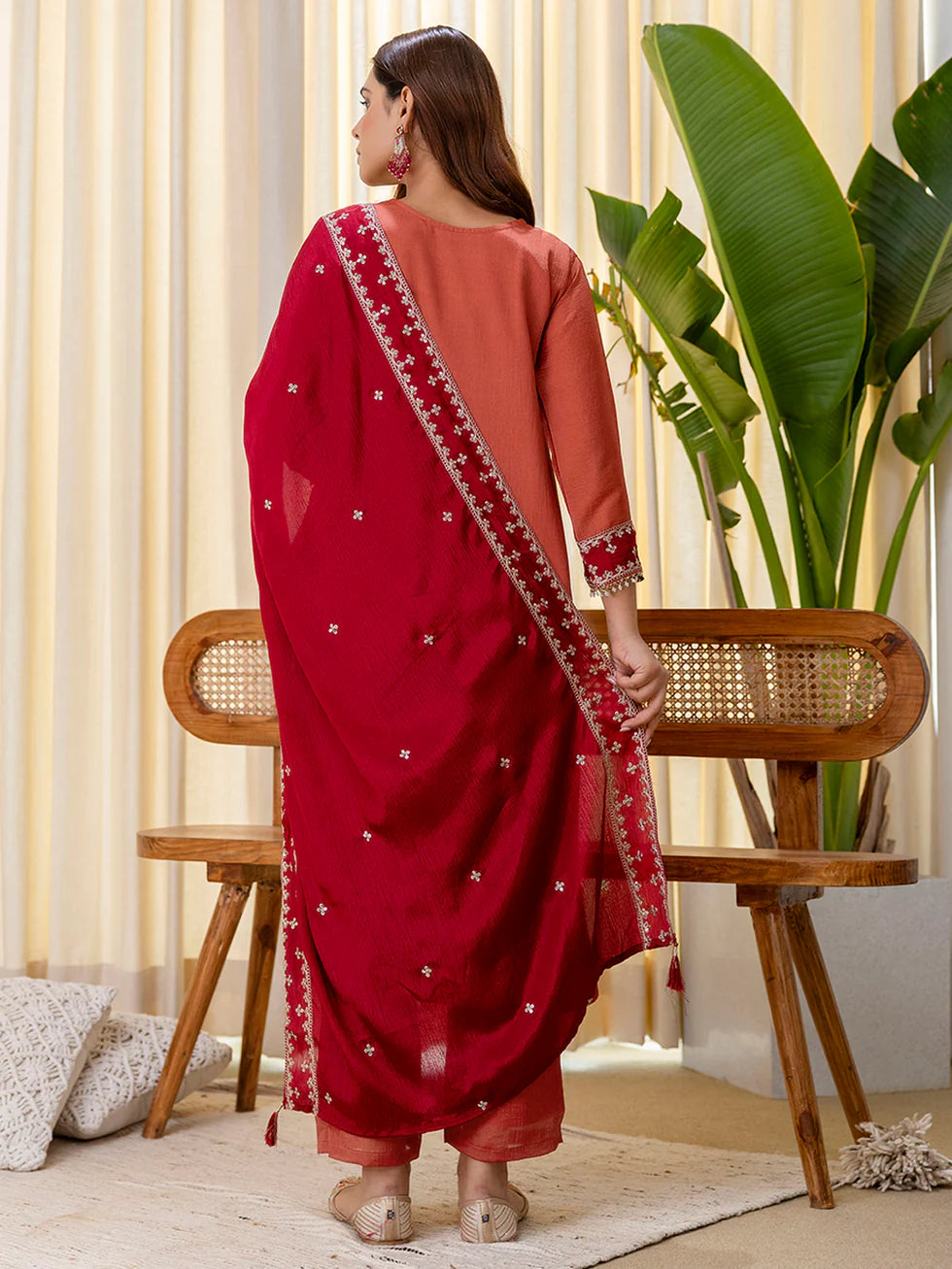 Floral Embroidered Chinon V_Neck Kurta Trouser & Dupatta Set