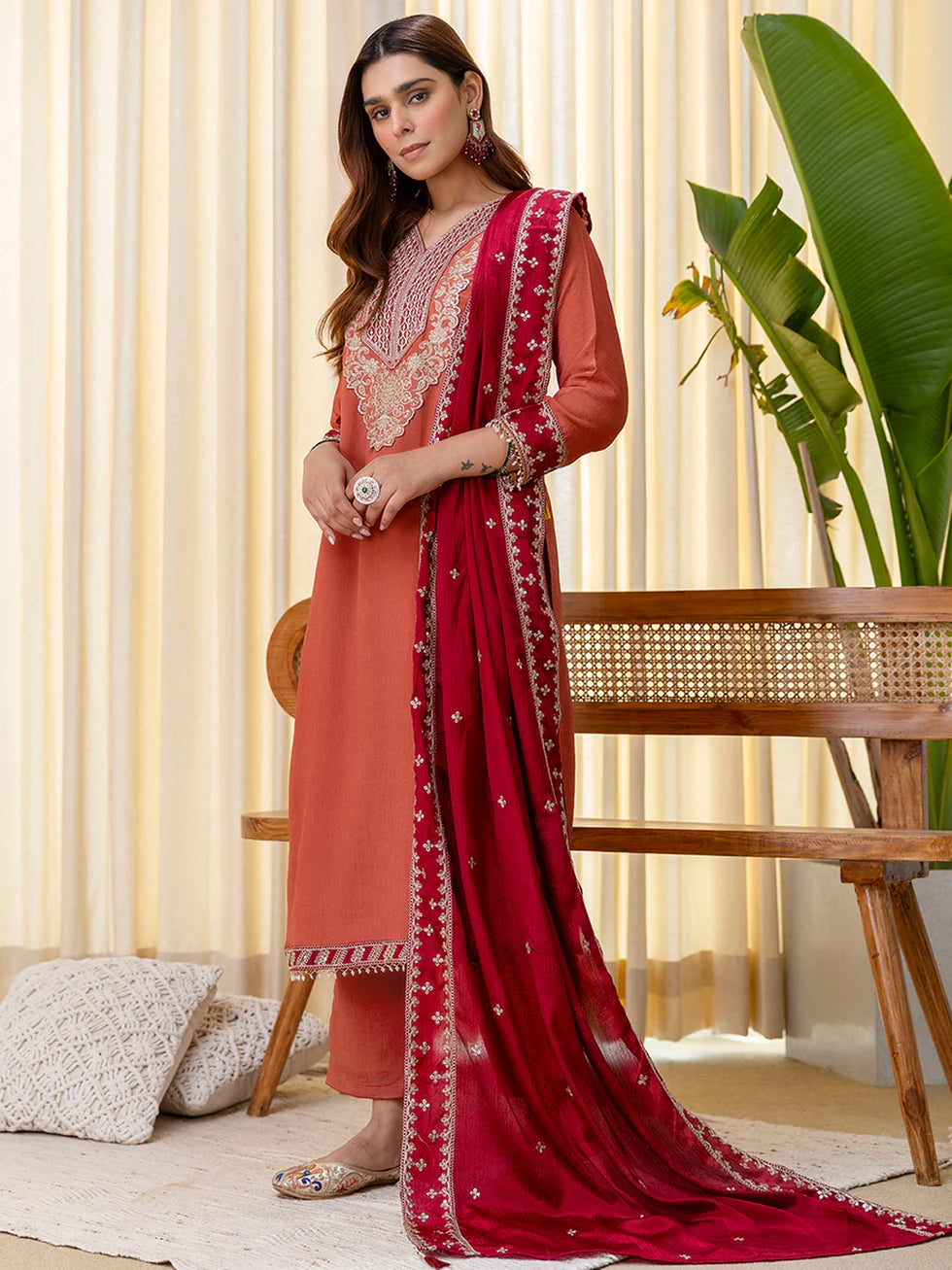 Floral Embroidered Chinon V_Neck Kurta Trouser & Dupatta Set