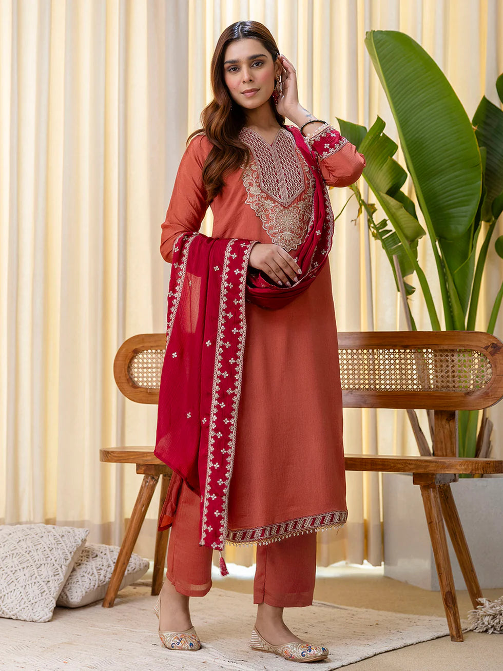 Floral Embroidered Chinon V_Neck Kurta Trouser & Dupatta Set