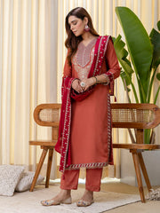 Vayu Peach Embroidered Kurta Set with Contrast Organza Dupatta