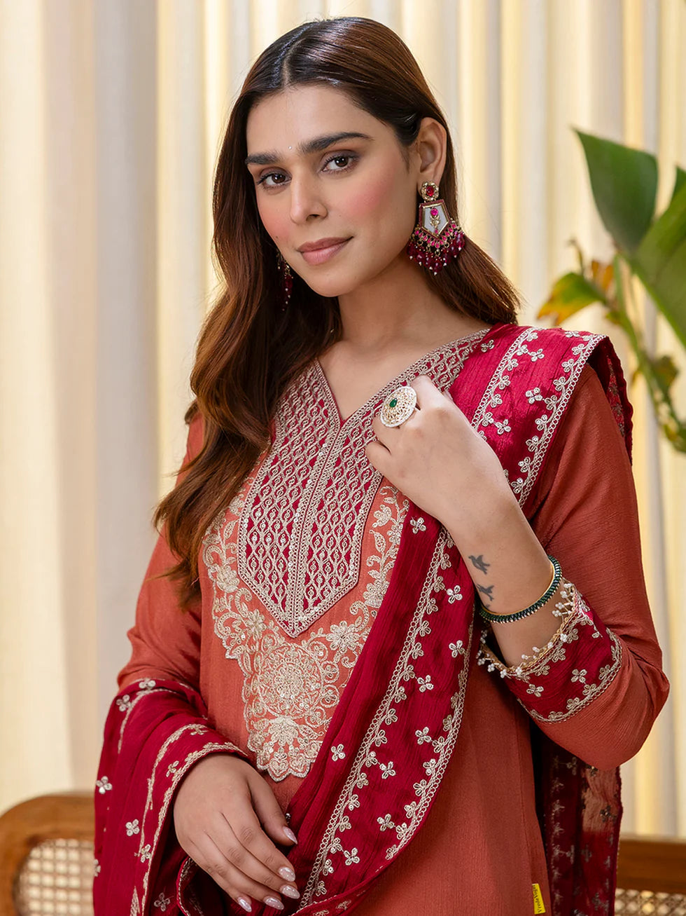 Floral Embroidered Chinon V_Neck Kurta Trouser & Dupatta Set