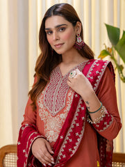 Vayu Peach Embroidered Kurta Set with Contrast Organza Dupatta
