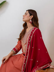 Vayu Peach Embroidered Kurta Set with Contrast Organza Dupatta