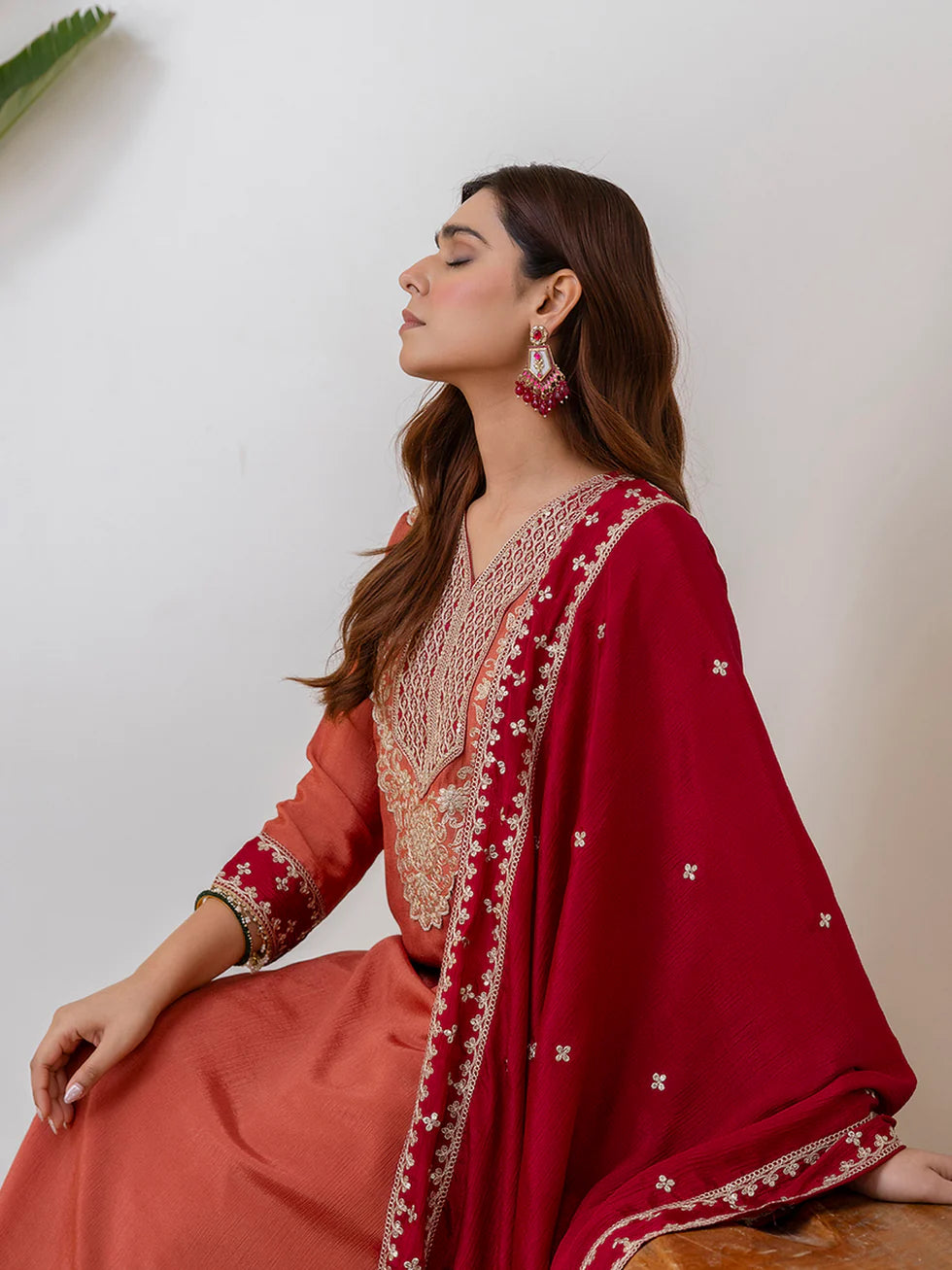 Floral Embroidered Chinon V_Neck Kurta Trouser & Dupatta Set