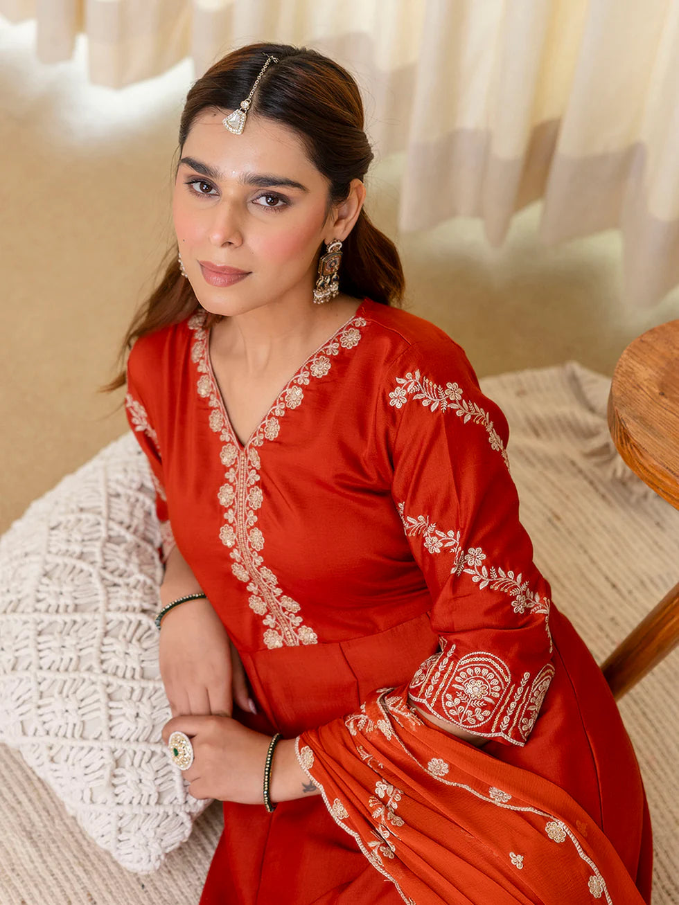 Floral Embroidered Muslin V_Neck Kurta Trouser & Dupatta Set