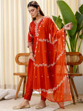 Floral Embroidered Muslin V_Neck Kurta Trouser & Dupatta Set