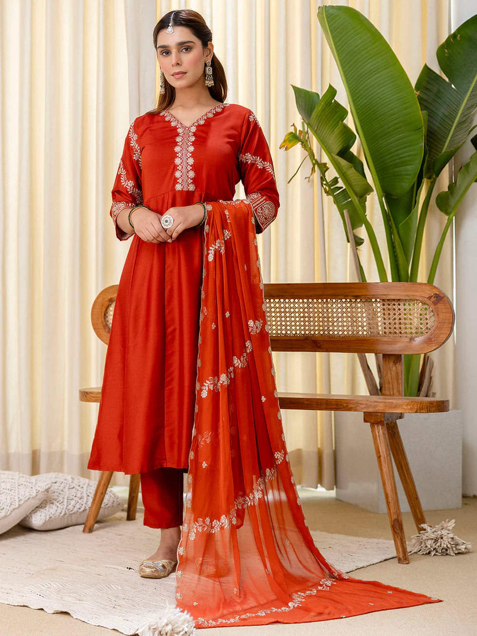 Floral Embroidered Muslin V_Neck Kurta Trouser & Dupatta Set