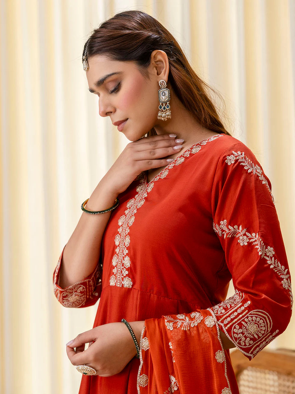 Floral Embroidered Muslin V_Neck Kurta Trouser & Dupatta Set