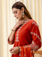 Aarini Rust Embroidered Kurta Set with Organza Dupatta
