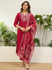 Siya Women's Maroon Silk Blend Embroidered Straight Kurta Set