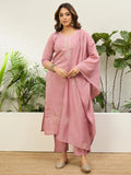 Floral Embroidered Silk Round_Neck Kurta Trouser & Dupatta Set