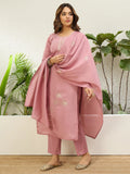 Floral embroidered silk round_neck Kurta Trouser & Dupatta Set