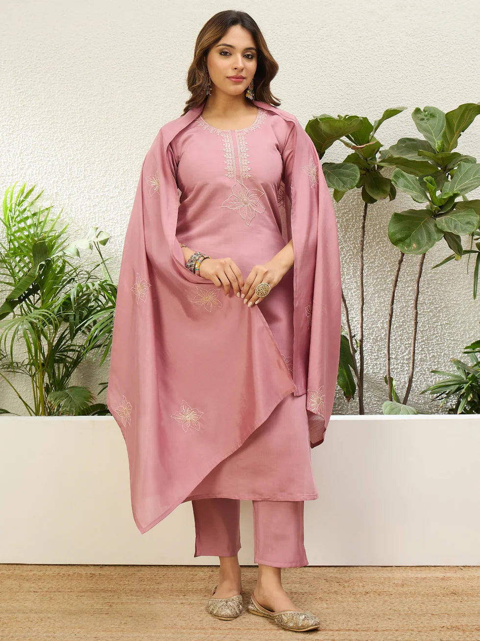 Floral Embroidered Silk Round_Neck Kurta Trouser & Dupatta Set