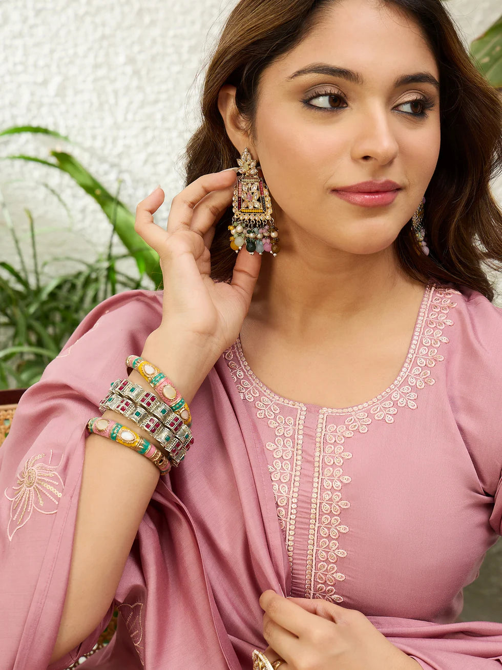 Floral Embroidered Silk Round_Neck Kurta Trouser & Dupatta Set