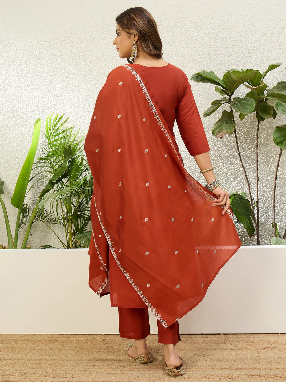 Floral Embroidered Silk V_Neck Kurta Trouser & Dupatta Set