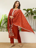 Floral Embroidered Silk V_Neck Kurta Trouser & Dupatta Set