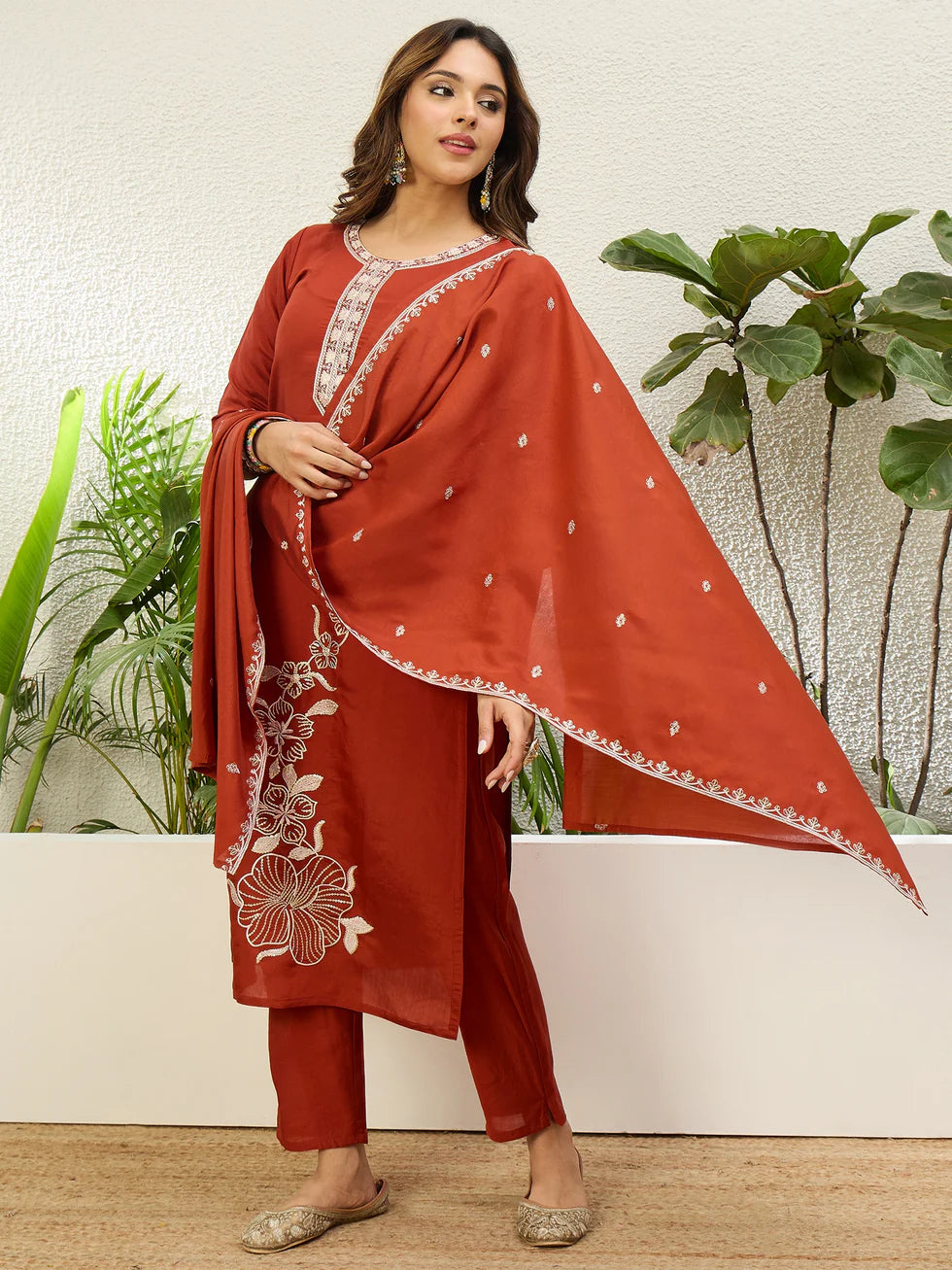 Floral Embroidered Silk V_Neck Kurta Trouser & Dupatta Set