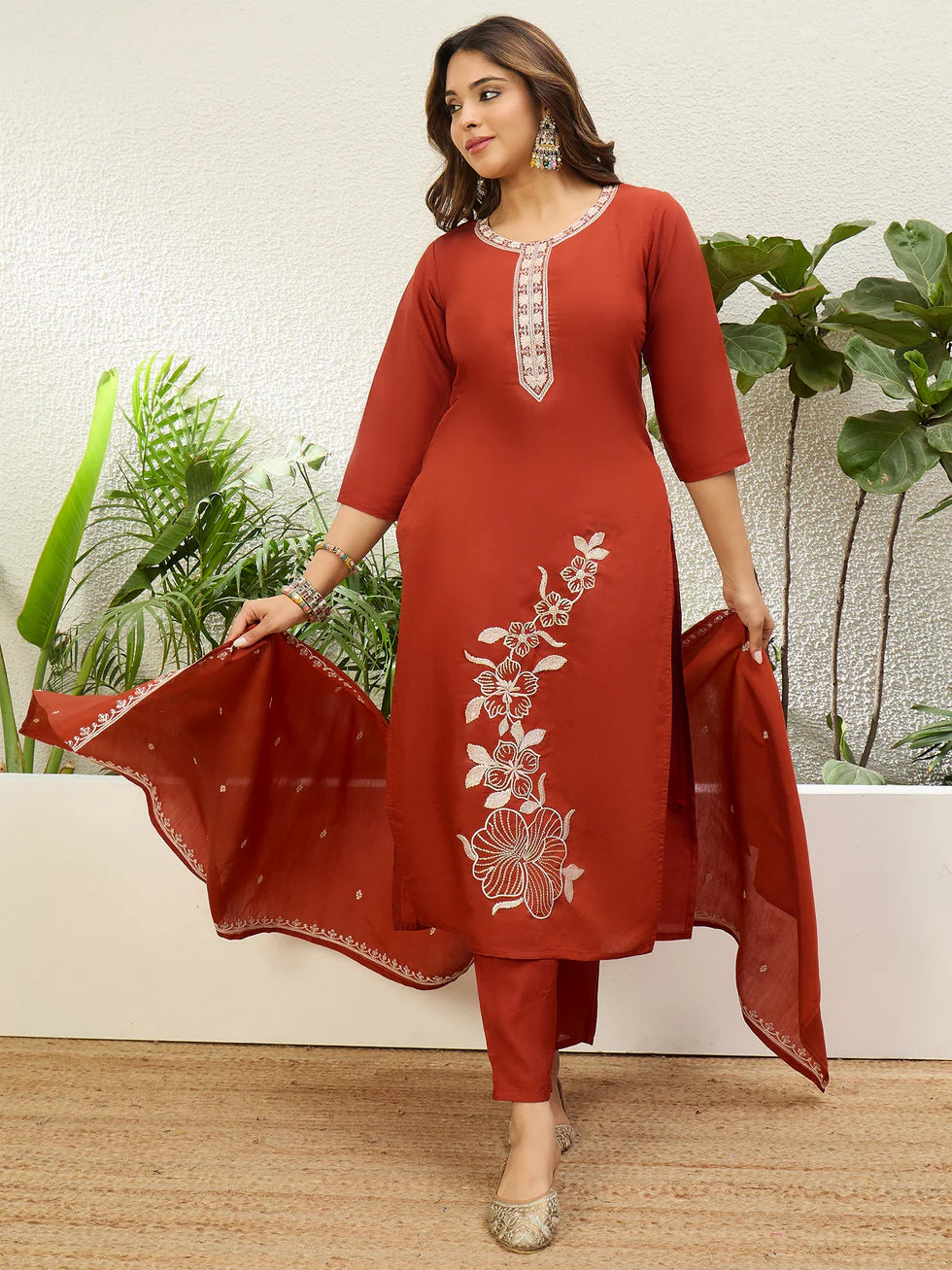 Floral Embroidered Silk V_Neck Kurta Trouser & Dupatta Set