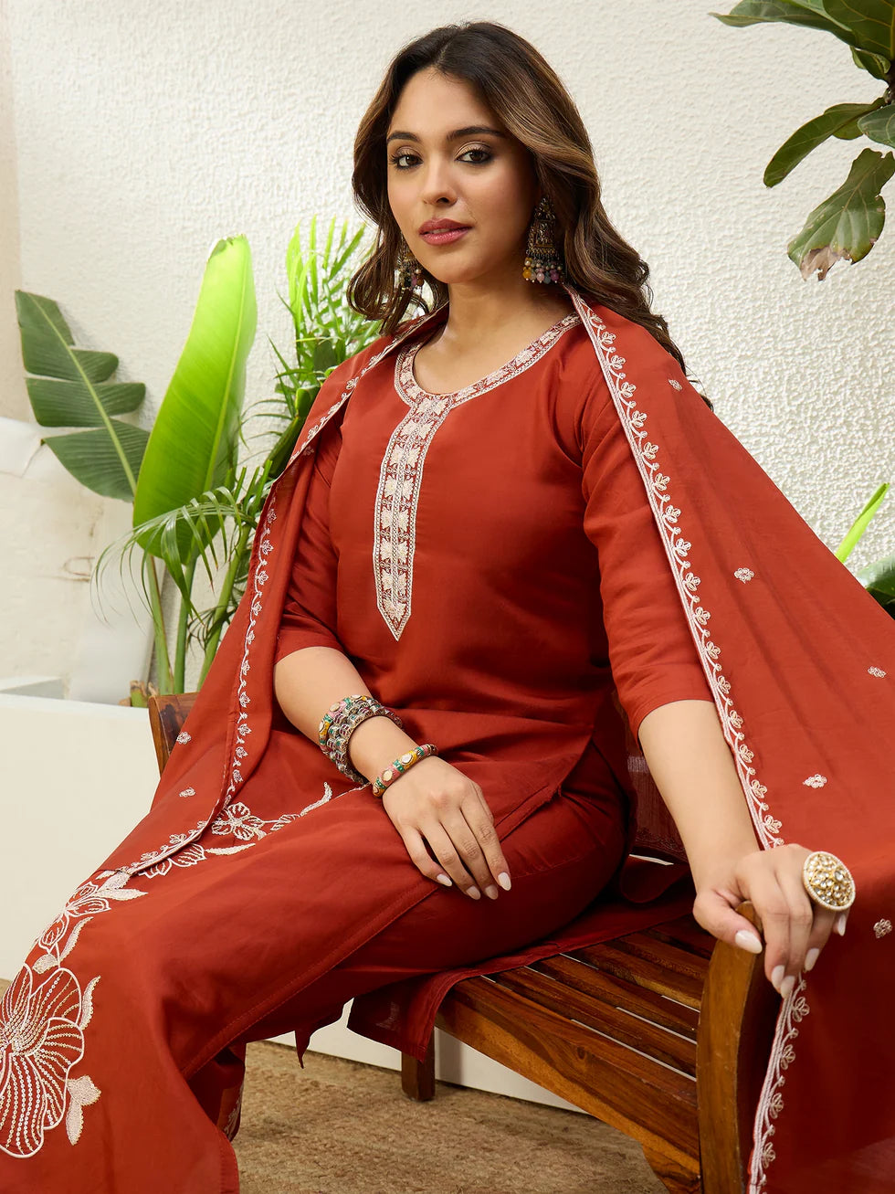Floral Embroidered Silk V_Neck Kurta Trouser & Dupatta Set