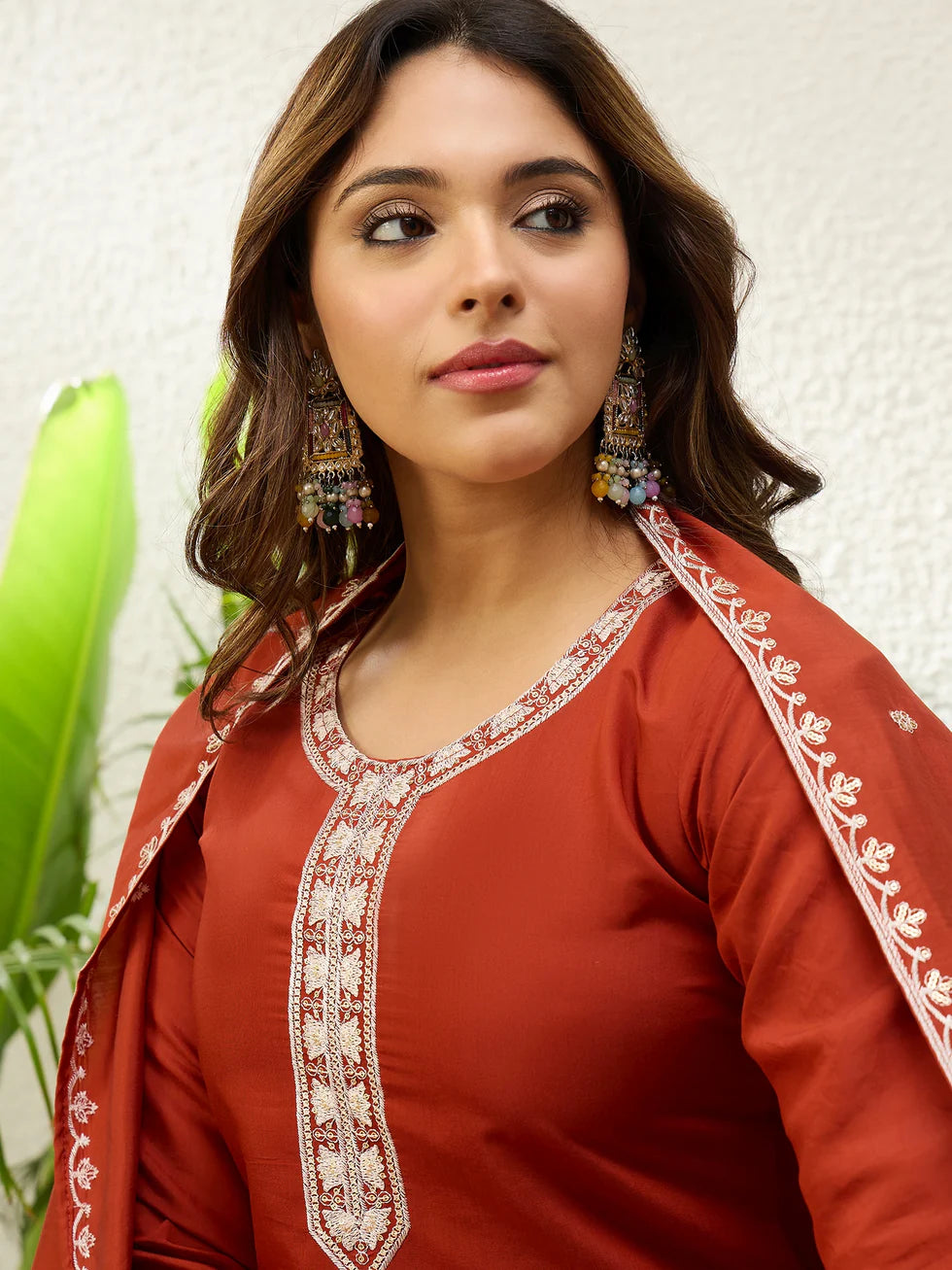 Floral Embroidered Silk V_Neck Kurta Trouser & Dupatta Set