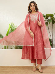 Mayra Women's Peach Silk Blend Embroidered Yoke Flared Kurta Set