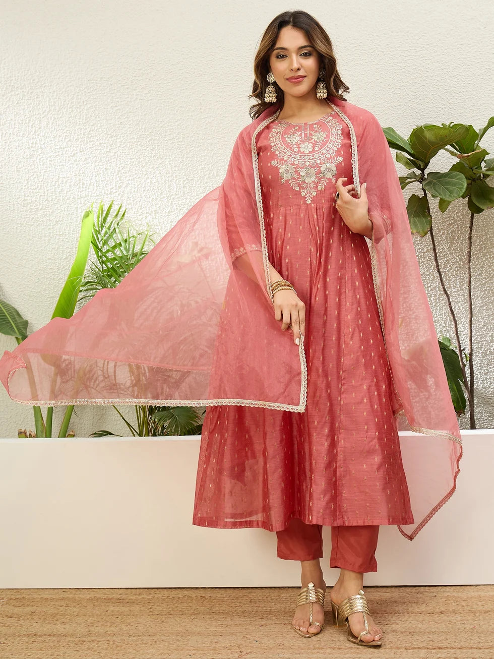 Mayra Women's Peach Silk Blend Embroidered Yoke Flared Kurta Set