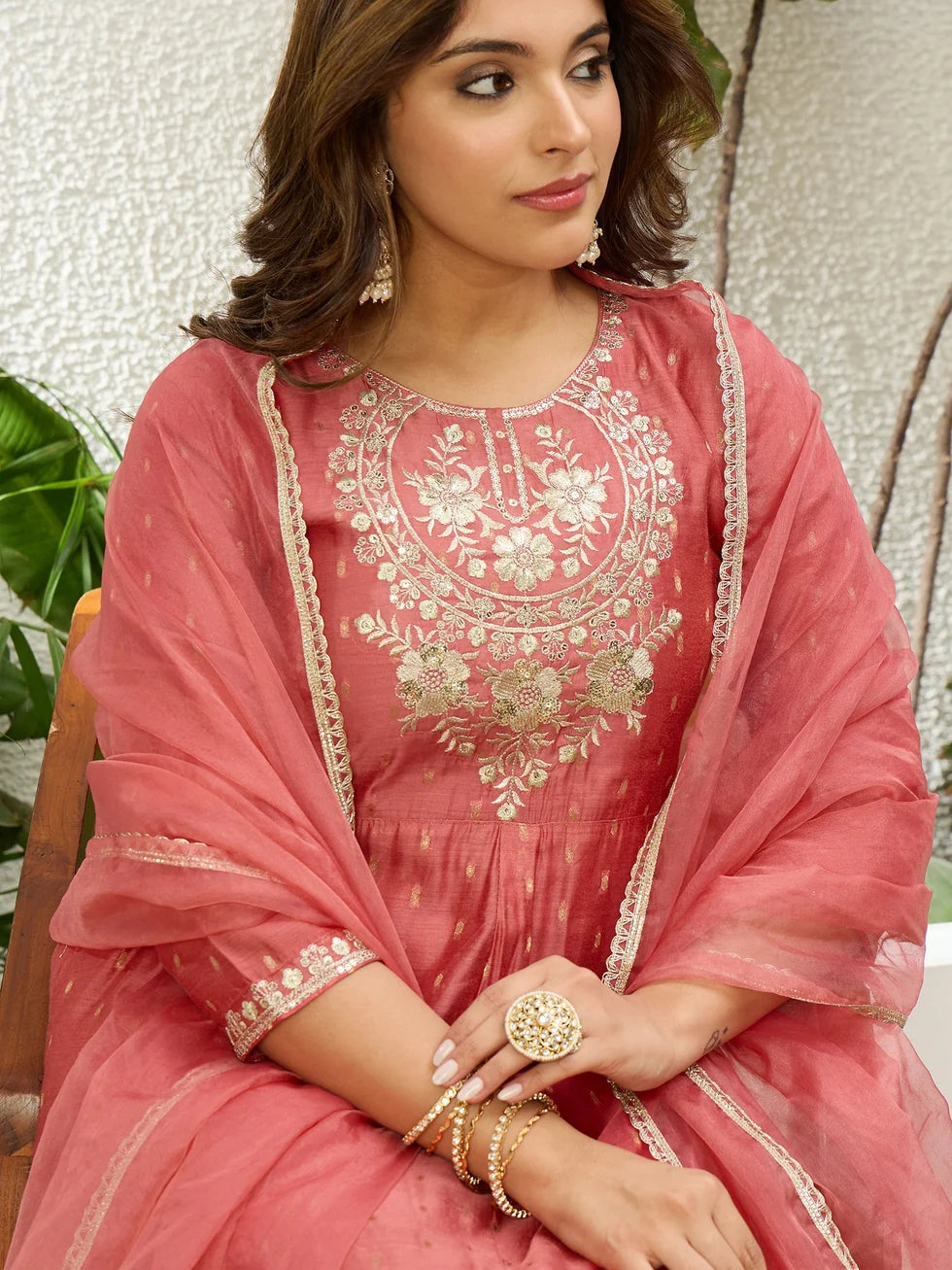 Mayra Women's Peach Silk Blend Embroidered Yoke Flared Kurta Set