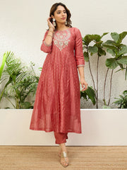 Mayra Women's Peach Silk Blend Embroidered Yoke Flared Kurta Set
