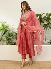 Mayra Women's Peach Silk Blend Embroidered Yoke Flared Kurta Set