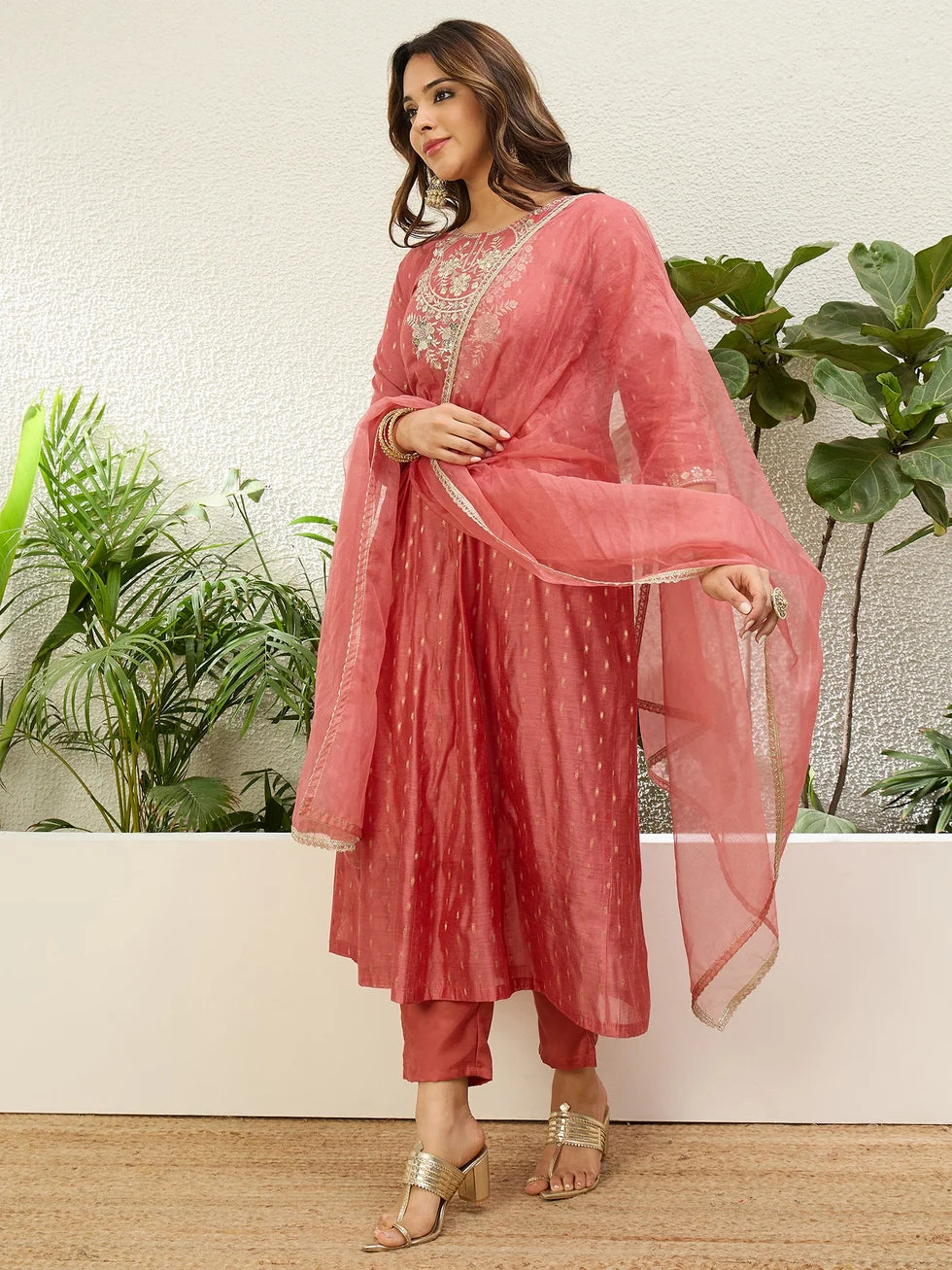 Mayra Women's Peach Silk Blend Embroidered Yoke Flared Kurta Set