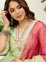Sharini Women's Pista Green Embroidered Yoke Design Straight Kurta Pant Set with Ombre Dupatta