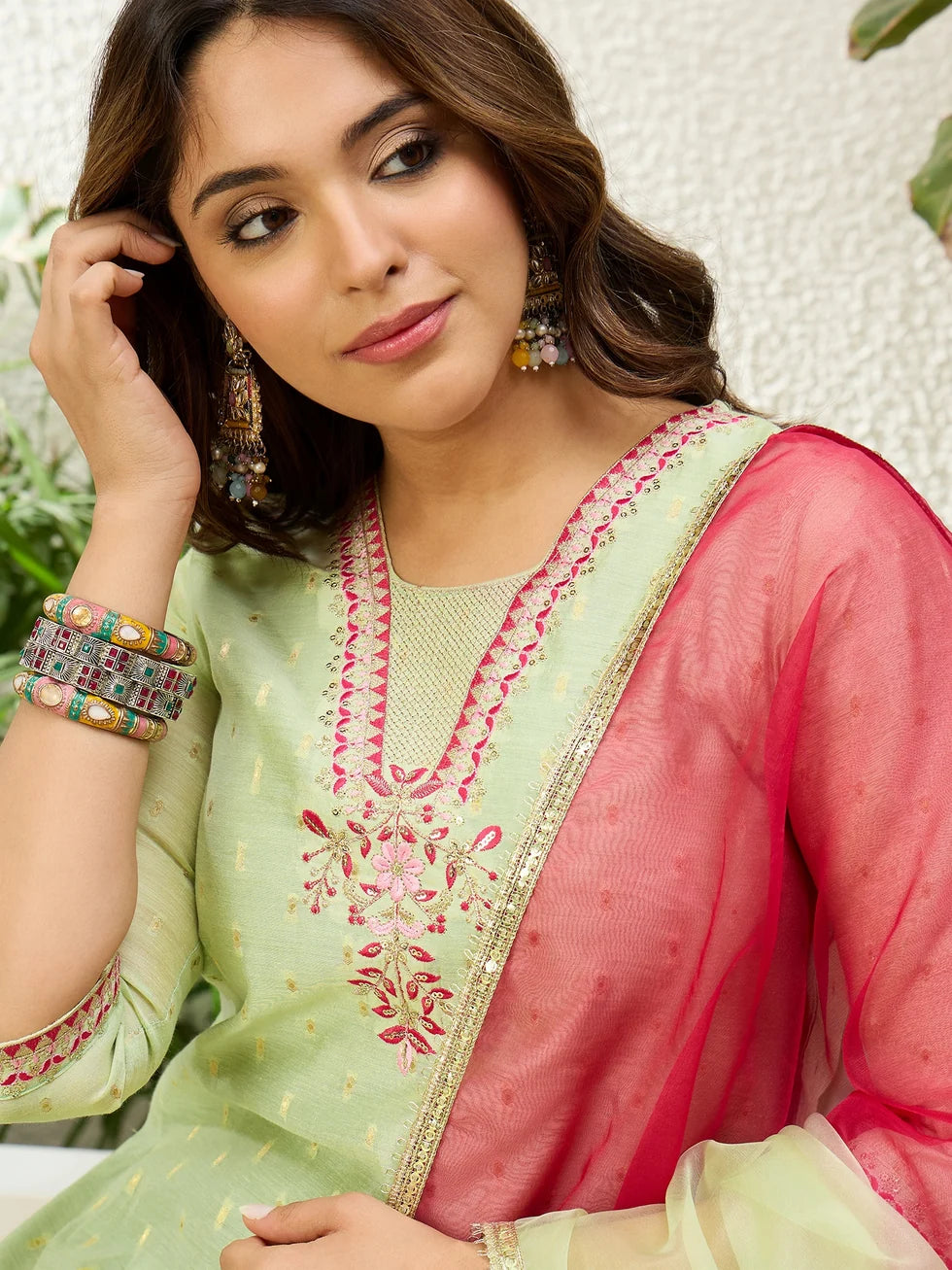 Sharini Women's Pista Green Embroidered Yoke Design Straight Kurta Pant Set with Ombre Dupatta