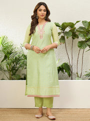 Sharini Women's Pista Green Embroidered Yoke Design Straight Kurta Pant Set with Ombre Dupatta