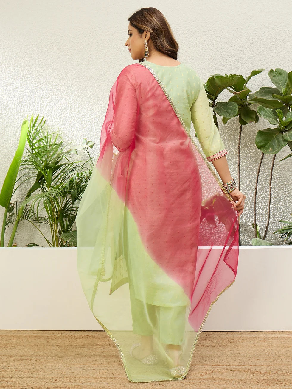 Sharini Women's Pista Green Embroidered Yoke Design Straight Kurta Pant Set with Ombre Dupatta