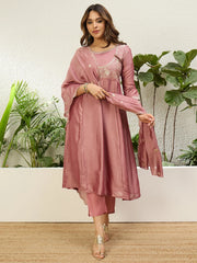 Padma Women's Mauve Pink Embroidered Yoke Design Flared Kurta Set