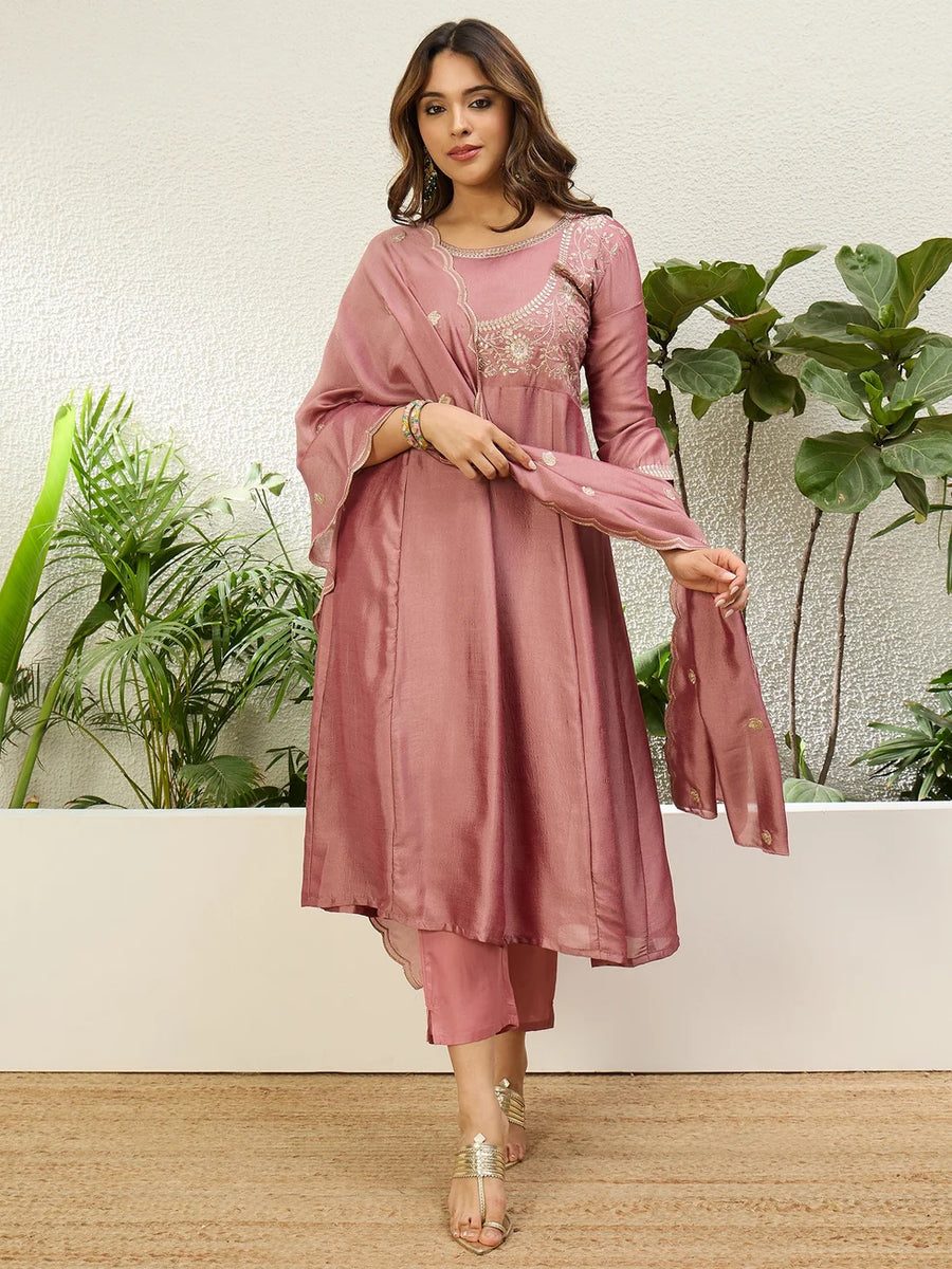 Padma Women's Mauve Pink Embroidered Yoke Design Flared Kurta Set