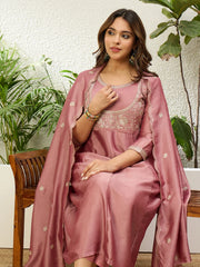 Padma Women's Mauve Pink Embroidered Yoke Design Flared Kurta Set
