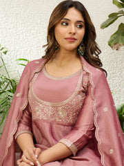Padma Women's Mauve Pink Embroidered Yoke Design Flared Kurta Set