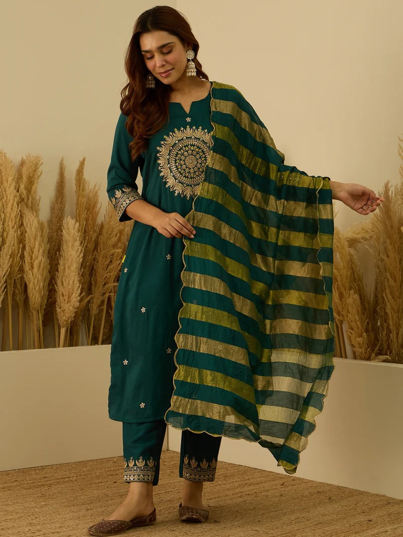 Elegant Teal Silk Blend Kurta Set with Self Woven Dupatta for Women