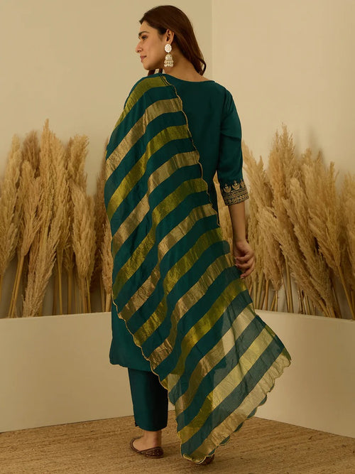 Elegant Teal Silk Blend Kurta Set with Self Woven Dupatta for Women