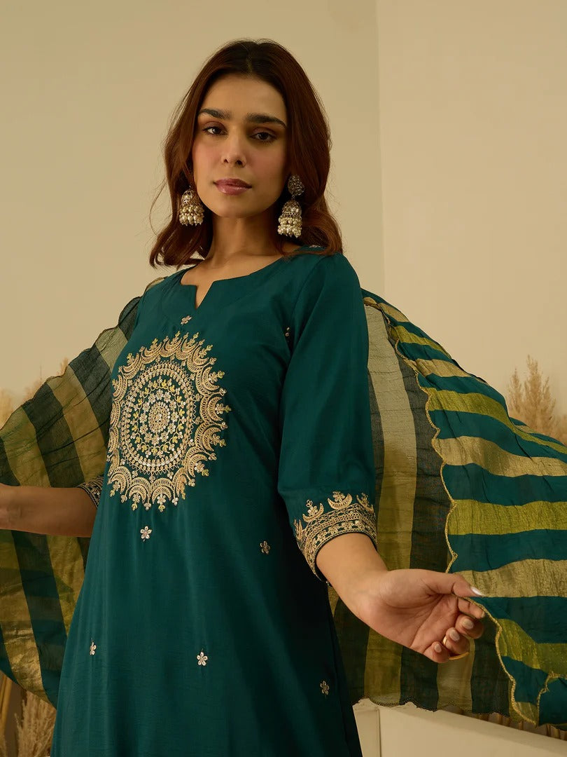 Elegant Teal Silk Blend Kurta Set with Self Woven Dupatta for Women