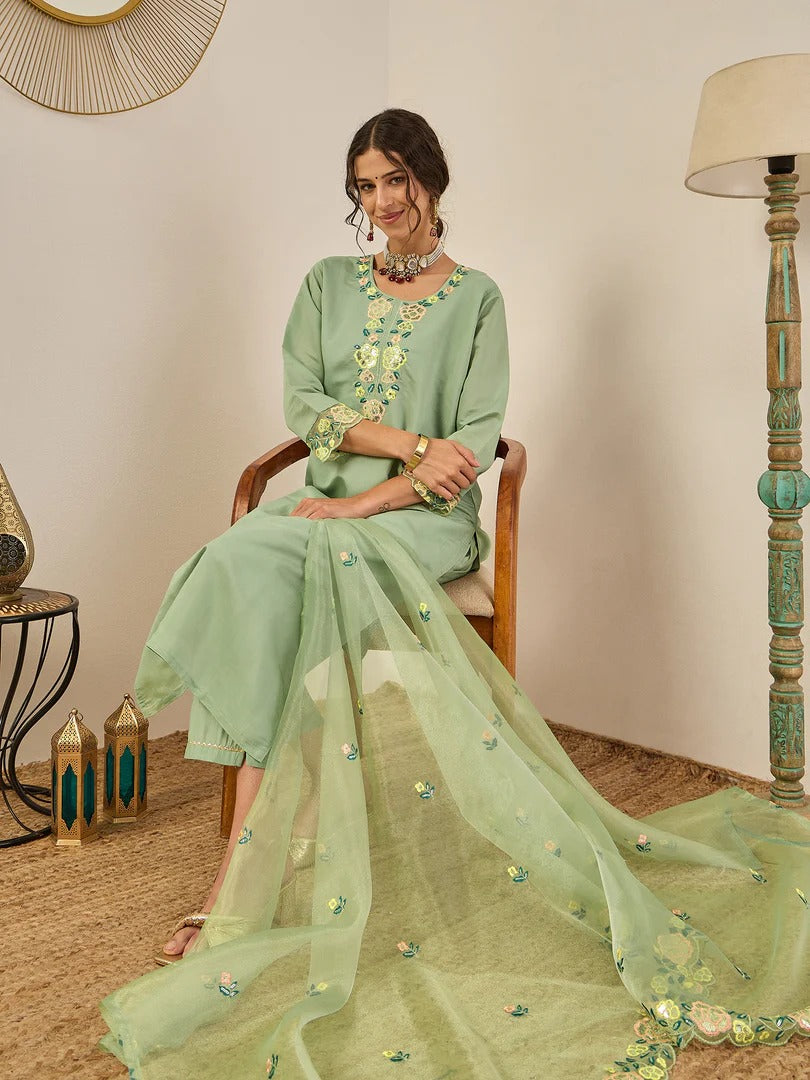 Elegant Light Green Viscose Roman Silk Kurta Set with Organza Dupatta for Women