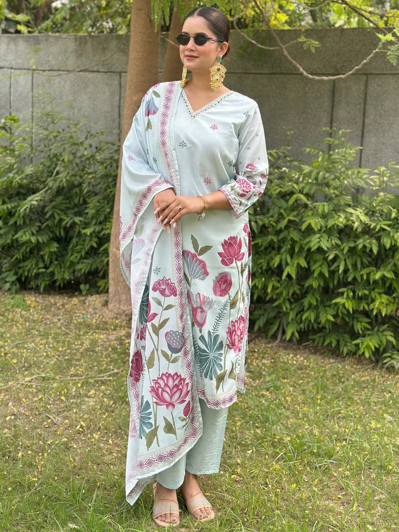 Sky Blue Silk Blend Digital Print Kurta Set with Dupatta for Women