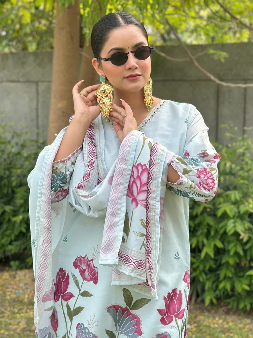 Sky Blue Silk Blend Digital Print Kurta Set with Dupatta for Women